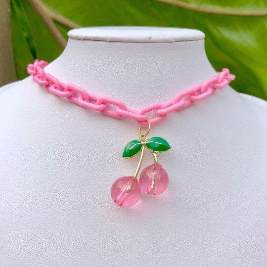 Pink Cherry Acrylic Chunky Chain Necklace-Candy-Colored Disco Jewelry for E GIRL Cherry Pendant Choker HJ36D-48F-FH48