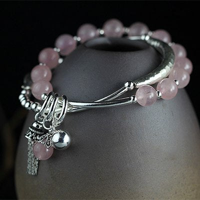 Pink Crystal Round Beads Chain Real 925 Sterling Silver Tassel Bell Carving Pattern Vintage Leaf Wedding Bracelet Bangle Women