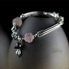 Pink Crystal Round Beads Chain Real 925 Sterling Silver Tassel Bell Carving Pattern Vintage Leaf Wedding Bracelet Bangle Women