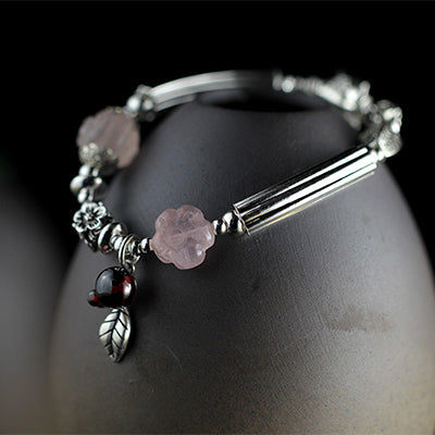 Pink Crystal Round Beads Chain Real 925 Sterling Silver Tassel Bell Carving Pattern Vintage Leaf Wedding Bracelet Bangle Women