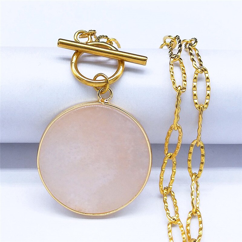 Pink Crystal Stainless Steel Chain Necklaces Women Round Gold Color Necklace Pendant Jewelry collares de acero inoxida NXS04