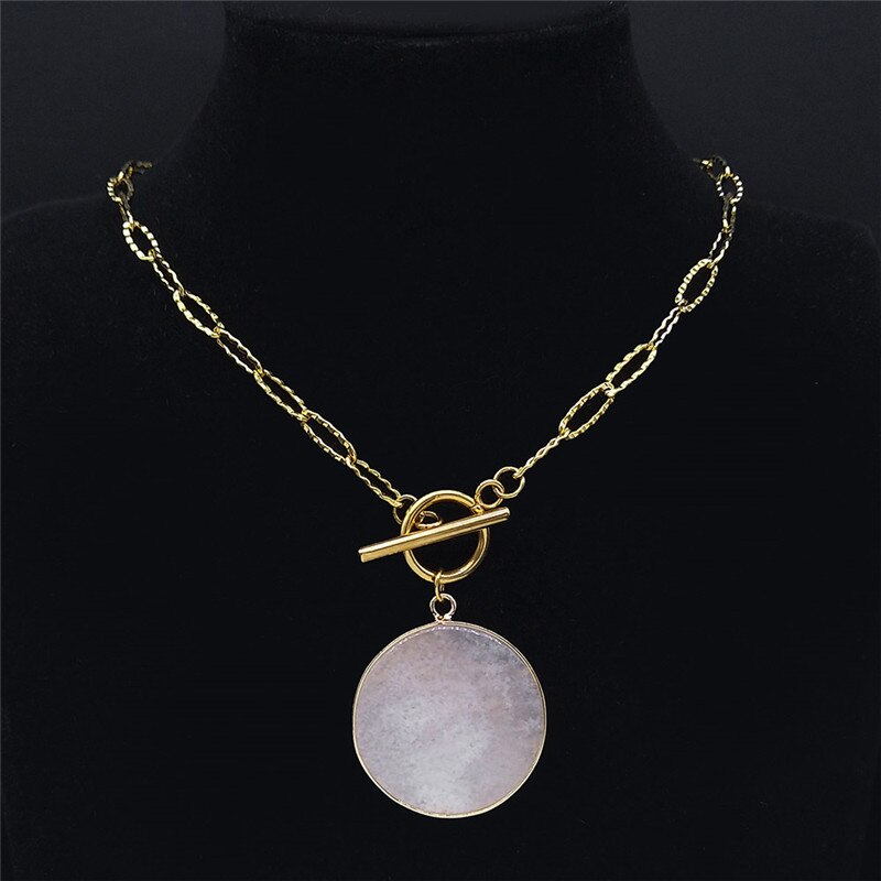 Pink Crystal Stainless Steel Chain Necklaces Women Round Gold Color Necklace Pendant Jewelry collares de acero inoxida NXS04