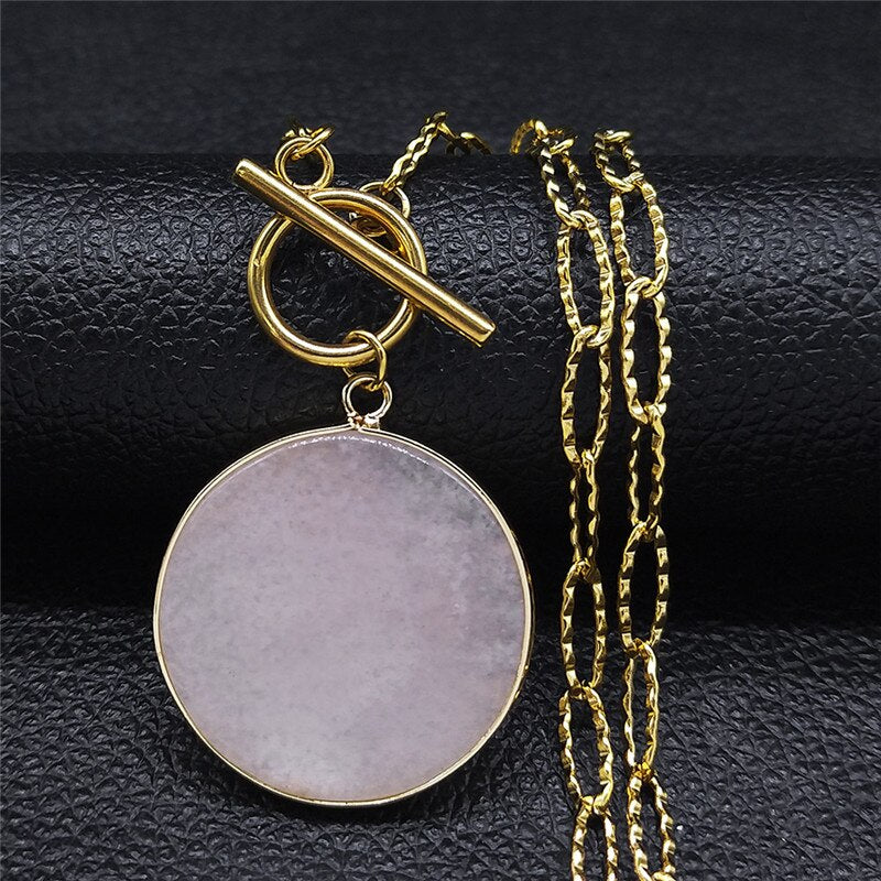 Pink Crystal Stainless Steel Chain Necklaces Women Round Gold Color Necklace Pendant Jewelry collares de acero inoxida NXS04