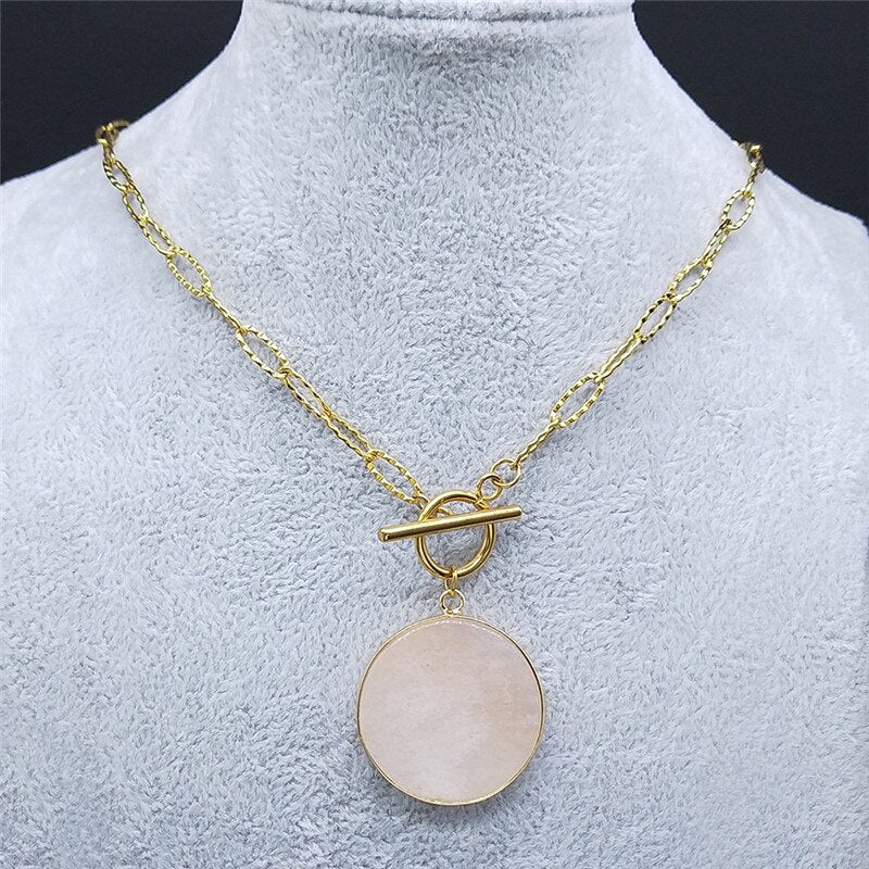 Pink Crystal Stainless Steel Chain Necklaces Women Round Gold Color Necklace Pendant Jewelry collares de acero inoxida NXS04