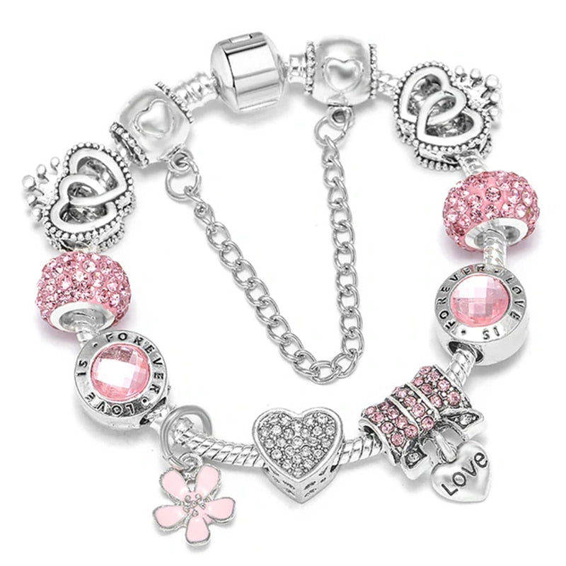 Pink Heart Crystal Pendant Bracelet With Silver Plated Beads Charm Bracelets For Women Girl  Jewelry Gift