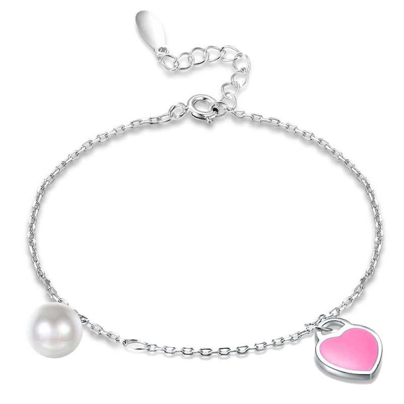 Pink Heart Pearl Charm 925 Sterling Silver Bracelet for Women Romantic Anniversary Birthd Gift Fine Jewelry HC03D