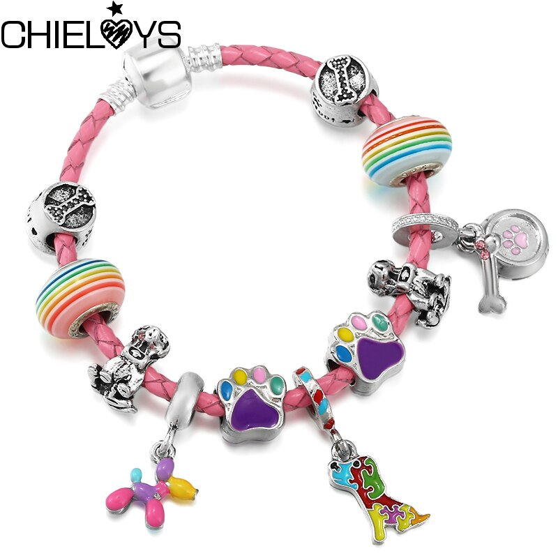 Pink Leather Bracelet Colorful Enamel Cute Puppy Dog Pendant Charm Bracelets For Women  Jewelry