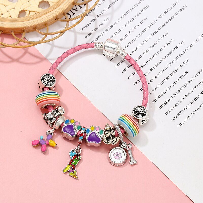 Pink Leather Bracelet Colorful Enamel Cute Puppy Dog Pendant Charm Bracelets For Women  Jewelry