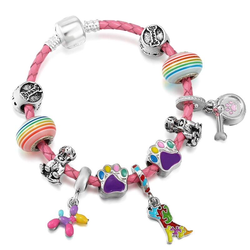 Pink Leather Bracelet Colorful Enamel Cute Puppy Dog Pendant Charm Bracelets For Women  Jewelry