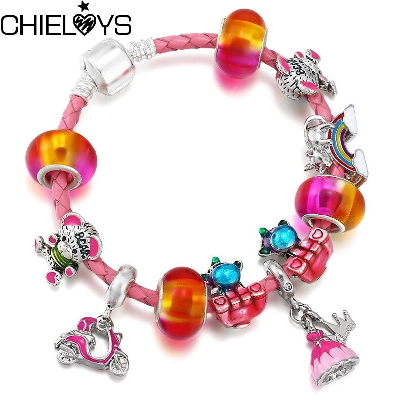 Pink Leather Bracelet Princess Ddress Pendant Colorful Unicorn Beads Charm Bracelets For Women  Jewelry