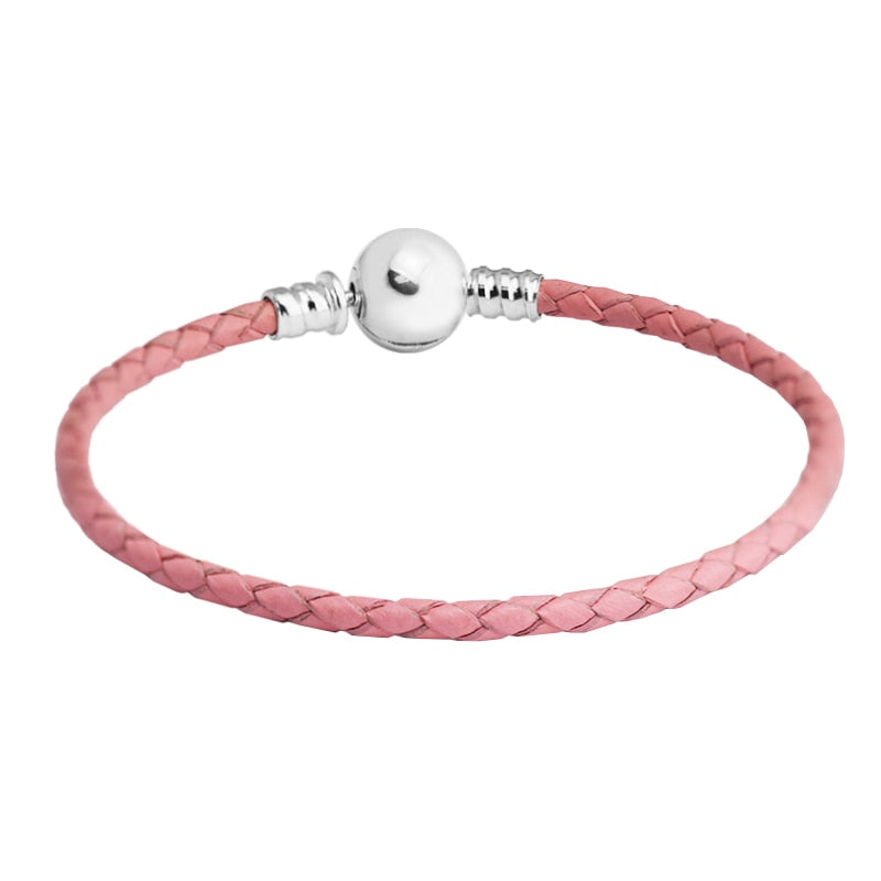 Pink Leather Charm Bracelets for Women 100% 925 Sterling Silver Ball Clasp Fit Charm Beads DIY Fine Jewelry PLE709