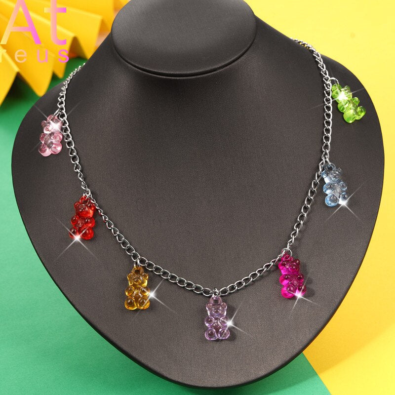 Pink Plastic Resin Chain Colorful Cartoon Gummy Mini Bear Resin Necklace Candy Color Pendant For Women Girl Jewelry Gift