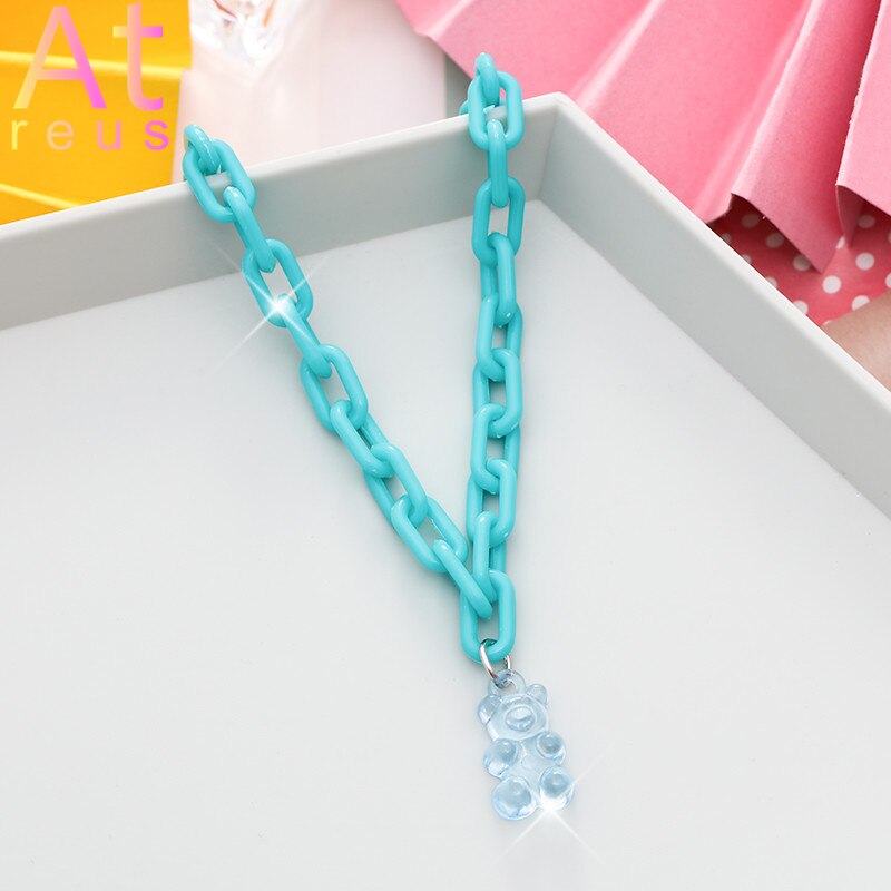 Pink Plastic Resin Chain Colorful Cartoon Gummy Mini Bear Resin Necklace Candy Color Pendant For Women Girl Jewelry Gift