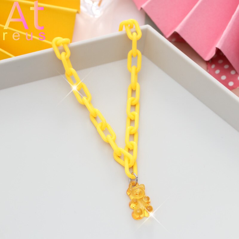 Pink Plastic Resin Chain Colorful Cartoon Gummy Mini Bear Resin Necklace Candy Color Pendant For Women Girl Jewelry Gift
