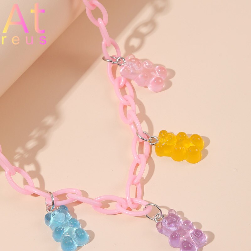 Pink Plastic Resin Chain Colorful Cartoon Gummy Mini Bear Resin Necklace Candy Color Pendant For Women Girl Jewelry Gift