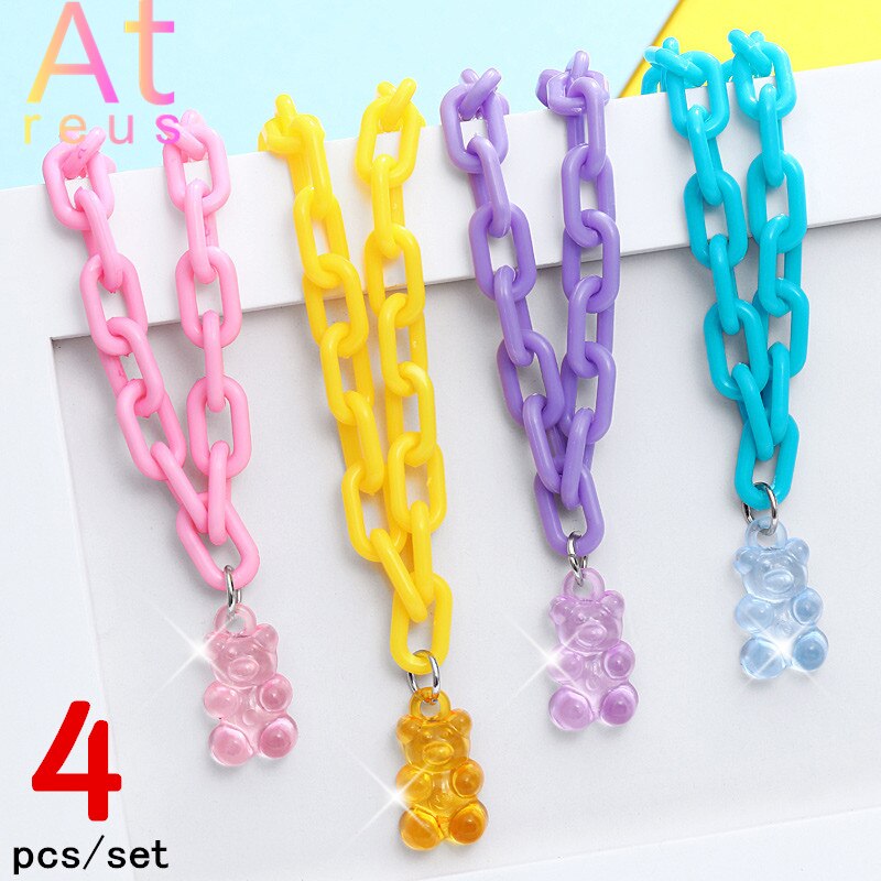 Pink Plastic Resin Chain Colorful Cartoon Gummy Mini Bear Resin Necklace Candy Color Pendant For Women Girl Jewelry Gift