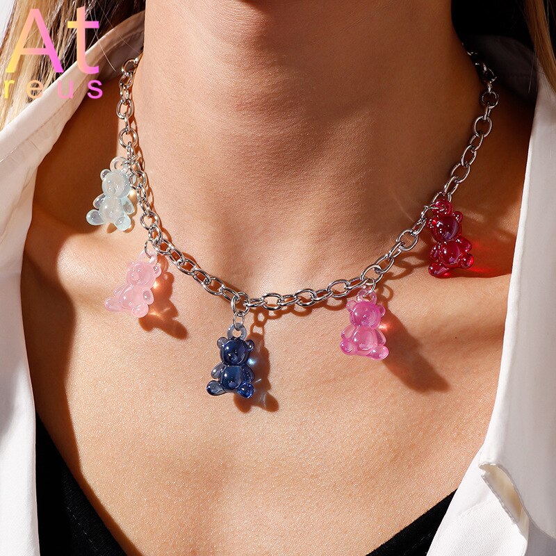 Pink Plastic Resin Chain Colorful Cartoon Gummy Mini Bear Resin Necklace Candy Color Pendant For Women Girl Jewelry Gift