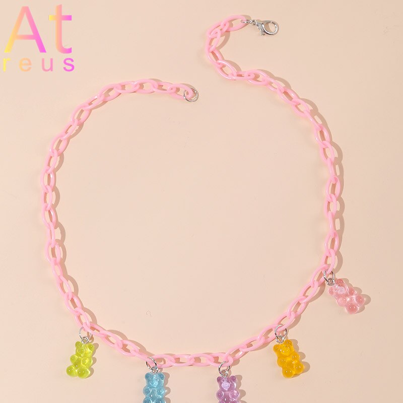 Pink Plastic Resin Chain Colorful Cartoon Gummy Mini Bear Resin Necklace Candy Color Pendant For Women Girl Jewelry Gift