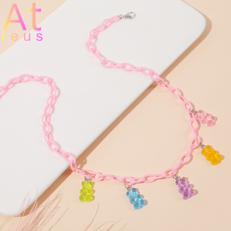 Pink Plastic Resin Chain Colorful Cartoon Gummy Mini Bear Resin Necklace Candy Color Pendant For Women Girl Jewelry Gift