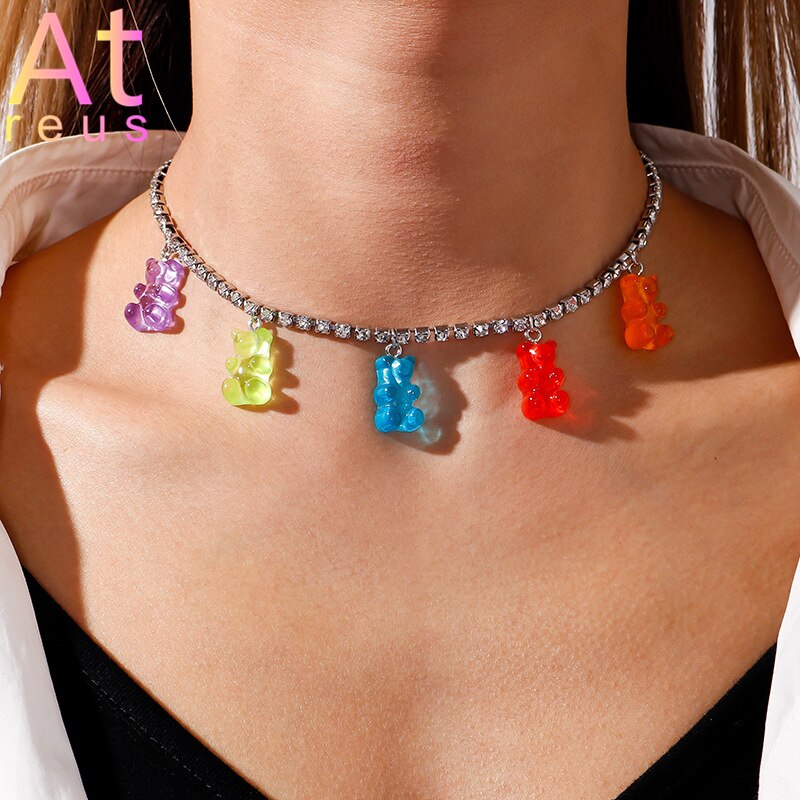 Pink Plastic Resin Chain Colorful Cartoon Gummy Mini Bear Resin Necklace Candy Color Pendant For Women Girl Jewelry Gift