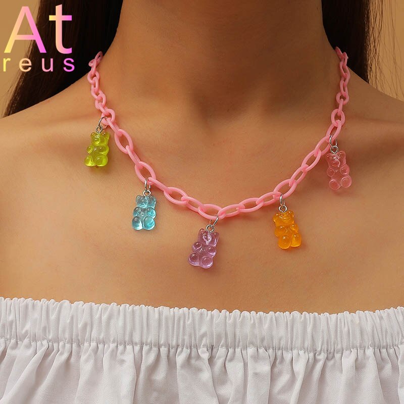 Pink Plastic Resin Chain Colorful Cartoon Gummy Mini Bear Resin Necklace Candy Color Pendant For Women Girl Jewelry Gift