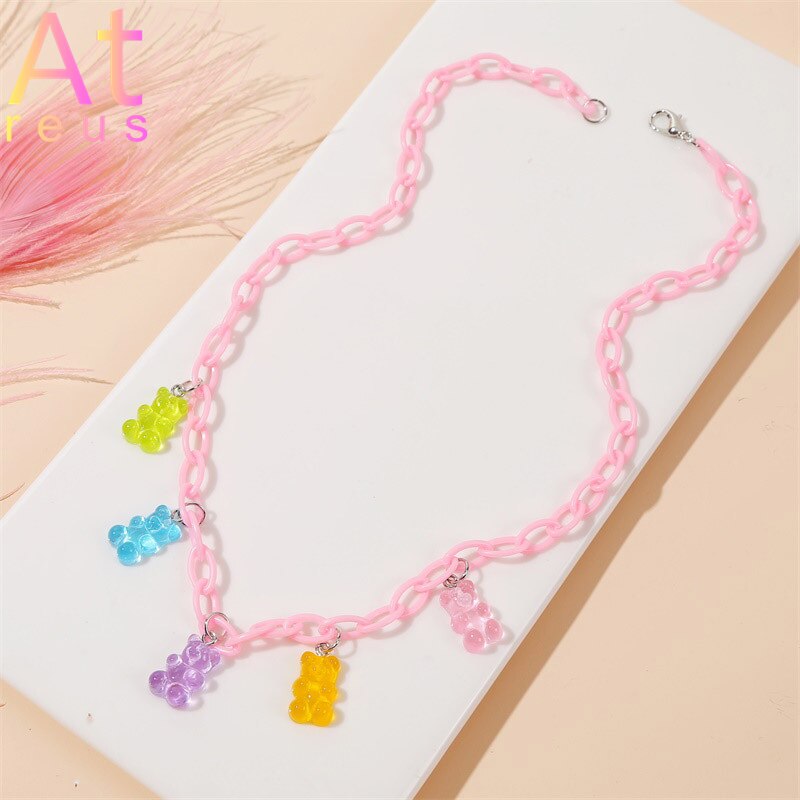 Pink Plastic Resin Chain Colorful Cartoon Gummy Mini Bear Resin Necklace Candy Color Pendant For Women Girl Jewelry Gift