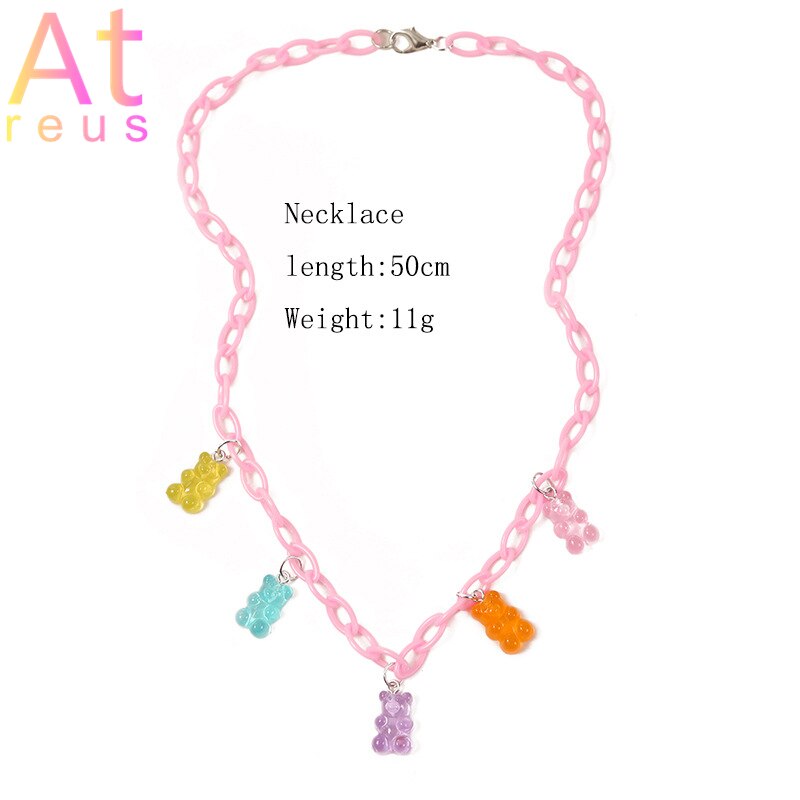 Pink Plastic Resin Chain Colorful Cartoon Gummy Mini Bear Resin Necklace Candy Color Pendant For Women Girl Jewelry Gift