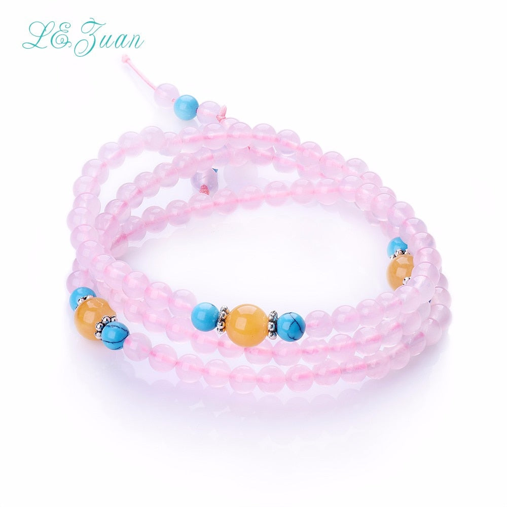 Pink Rose Quartz Women Strand Bracelet Trendy Round 108 Natural Gemstones Three layer Long hand chain Fine Jewelry Party Gift