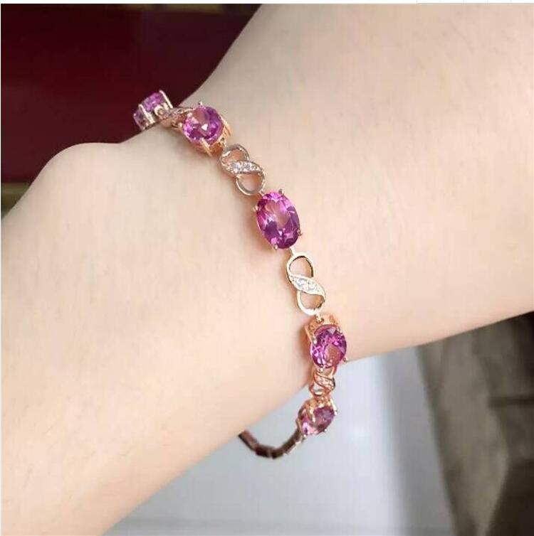 Pink topaz chain bracelet Free shipping Real natural Pink topaz 925 sterling silver 6*8mm 5pcs