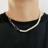 Plated Half 10mm miami cuban link chain and half 8mm pearls choker necklace for Men and Women in Stainless Steel