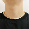 Plated Half 10mm miami cuban link chain and half 8mm pearls choker necklace for Men and Women in Stainless Steel