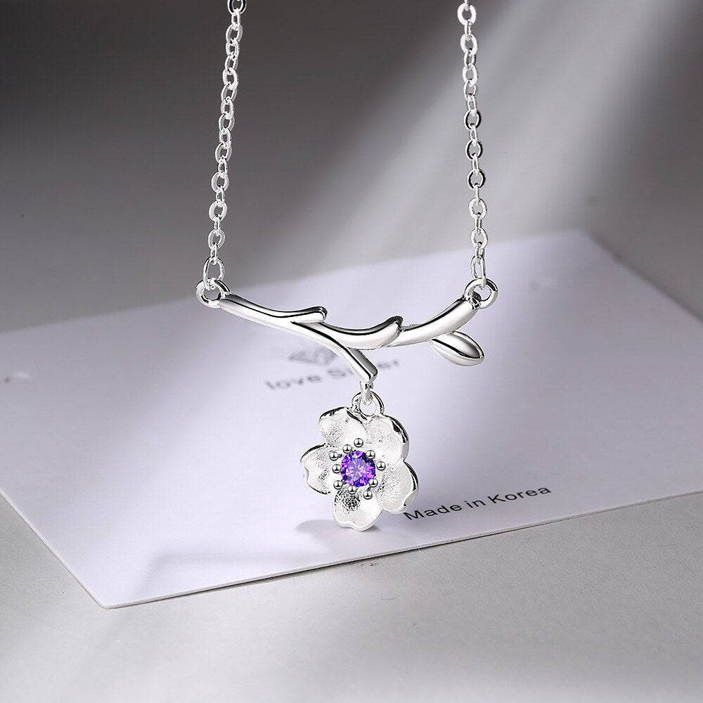 Plum Blossom Branch 925 Stamp Silver Color Trendy Pendant Chain Necklace For Women Girl Necklace Anniversary Fine Jewelry