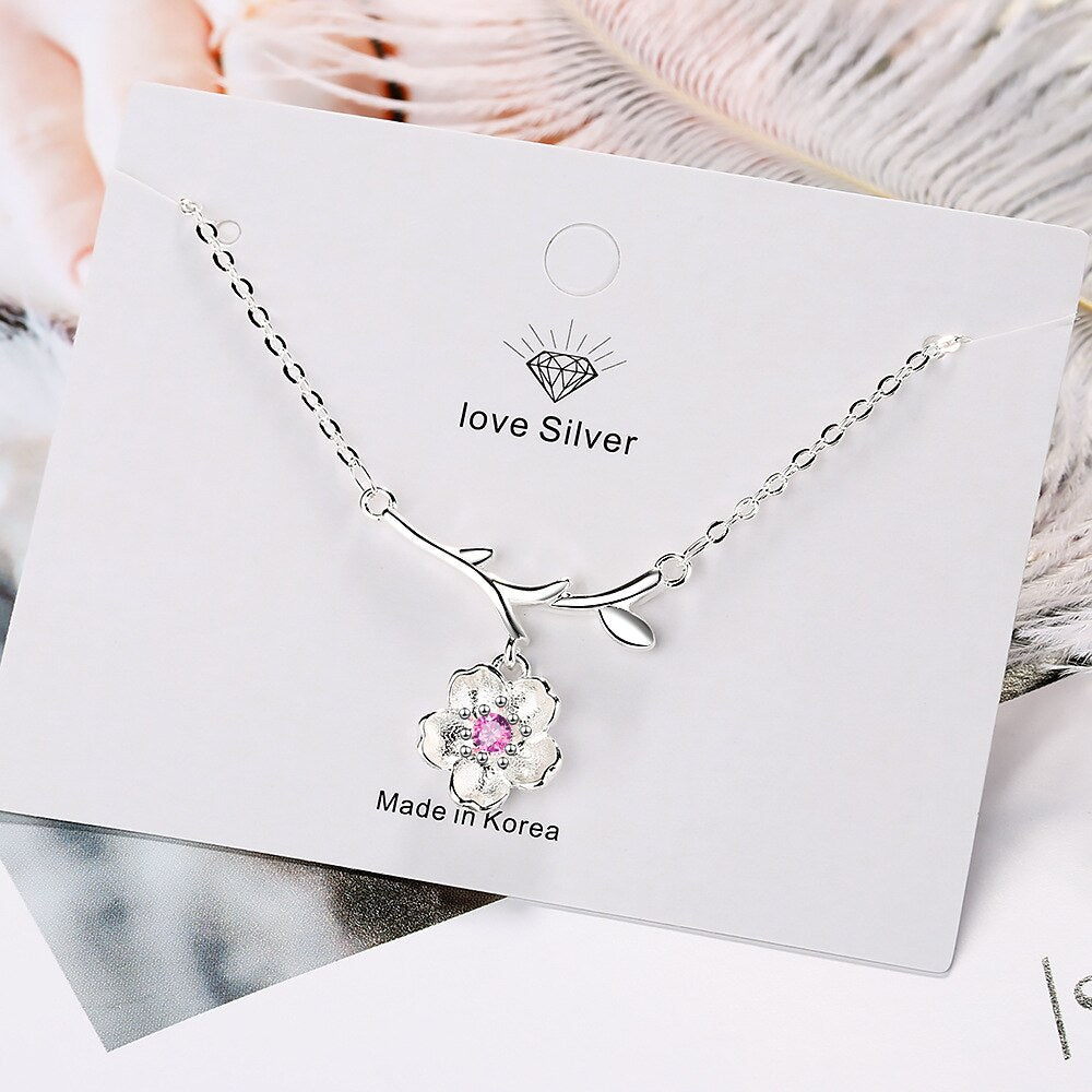 Plum Blossom Branch 925 Stamp Silver Color Trendy Pendant Chain Necklace For Women Girl Necklace Anniversary Fine Jewelry