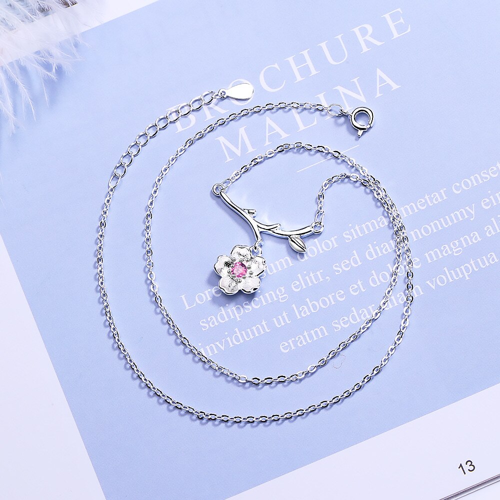 Plum Blossom Branch 925 Stamp Silver Color Trendy Pendant Chain Necklace For Women Girl Necklace Anniversary Fine Jewelry
