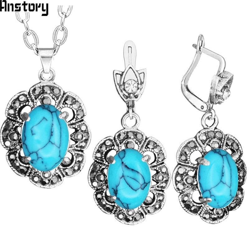 Plum Flower Pendant Necklace Earrings Rhinestone Blue Stone Jewelry Set Antique Silver Plated Fashion Jewelry TS396