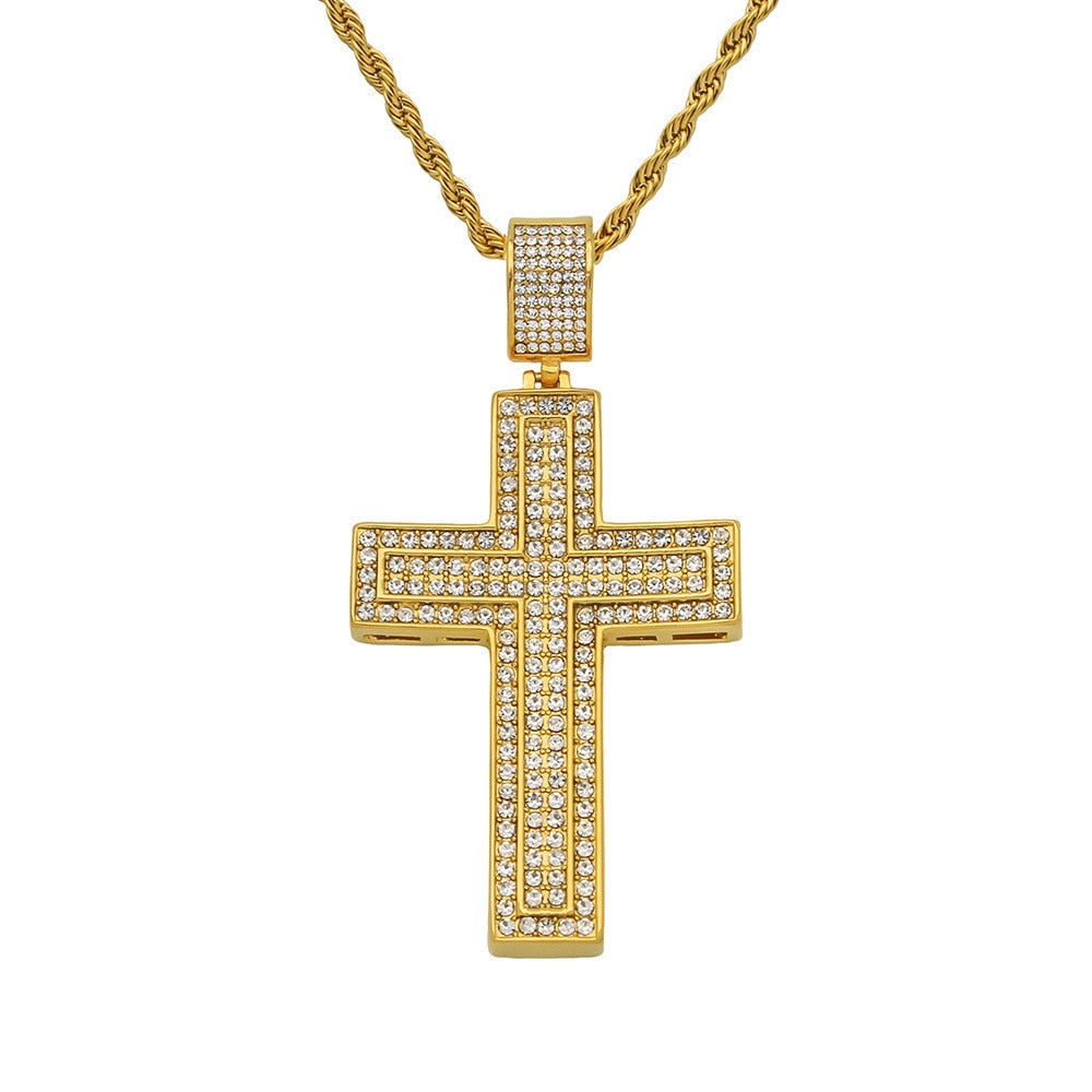 Pock Big Cross Necklace & Pendant With Chain Gold Color Stainless Steel Cubic Zircon Men's Women Hip hop Jewelry For Gift