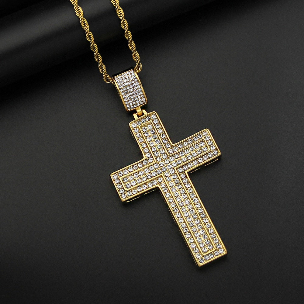 Pock Big Cross Necklace &amp; Pendant With Chain Gold Color Stainless Steel Cubic Zircon Men's Women Hip hop Jewelry For Gift