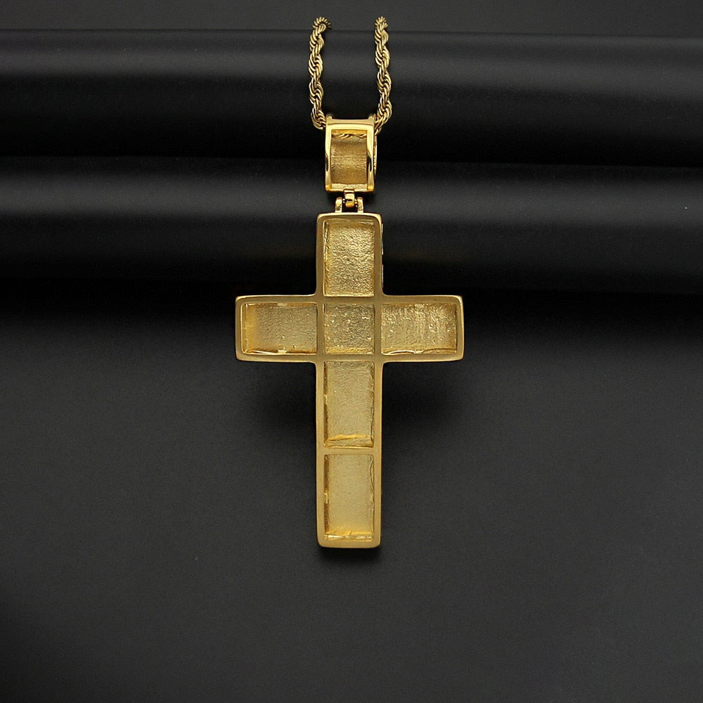Pock Big Cross Necklace &amp; Pendant With Chain Gold Color Stainless Steel Cubic Zircon Men's Women Hip hop Jewelry For Gift