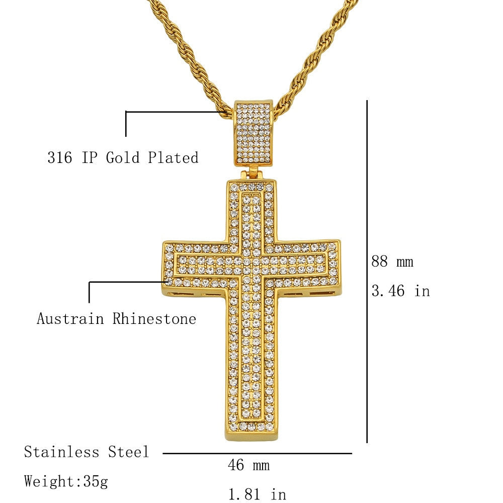 Pock Big Cross Necklace &amp; Pendant With Chain Gold Color Stainless Steel Cubic Zircon Men's Women Hip hop Jewelry For Gift
