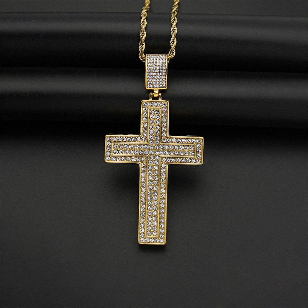 Pock Big Cross Necklace &amp; Pendant With Chain Gold Color Stainless Steel Cubic Zircon Men's Women Hip hop Jewelry For Gift