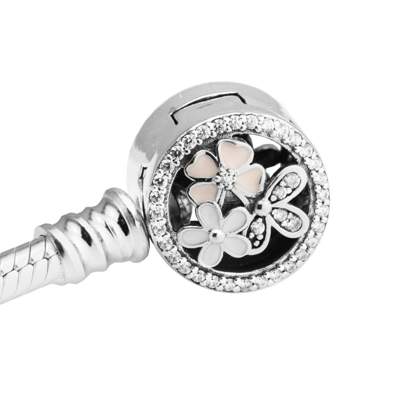 Poetic Blooms Clasp Bracelet 100% 925 Sterling Silver Mixed Enamel & Clear CZ Charm Beads Bracelets for Women Gift PRB035