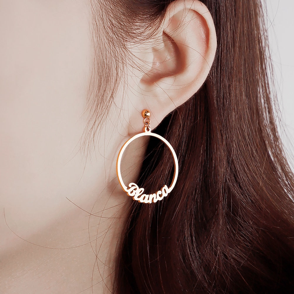 PolishedPlus 1 pair Hoop Earrings Personalized Customize Name Women Earrings Circle Stainless Steel Xmas Jewelry Christmas Gift