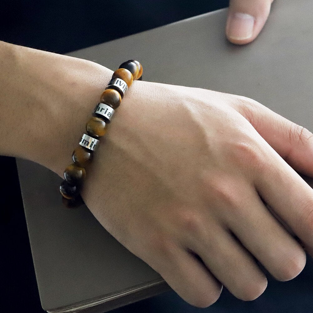 PolishedPlus Custom Family Name Personalized Tiger Eye Stone Beaded Bracelet Gift Engraving For Men