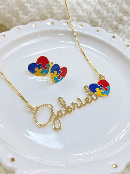 PolishedPlus Customize Name With Puzzle Heart Necklace Personalized Pendant Nameplate Friend Women Jewelry Gift