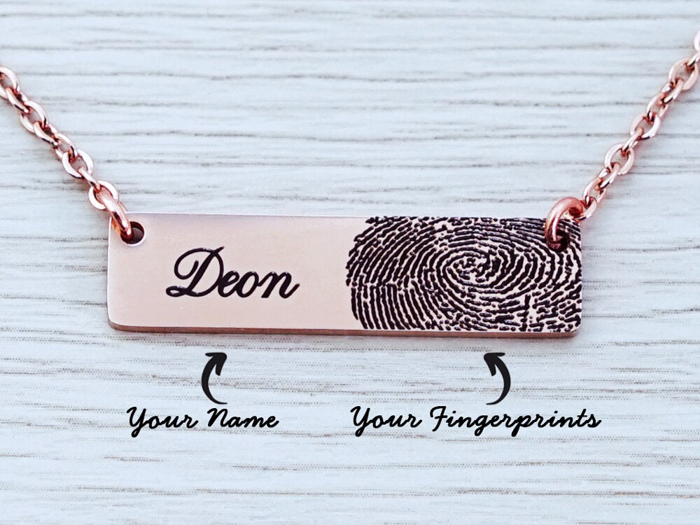 PolishedPlus Customized Actual Fingerprint Necklace Engraved Fingerprint Handwriting Custom bar Personalized Christmas Gift