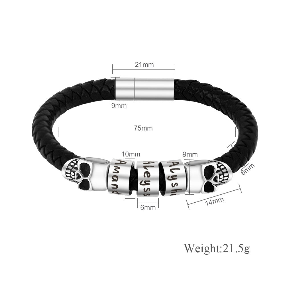 PolishedPlus Customized Bracelet Stainless Steel Leather Braid Men's  Name Beaded With Skull Personalized Birthday Gift