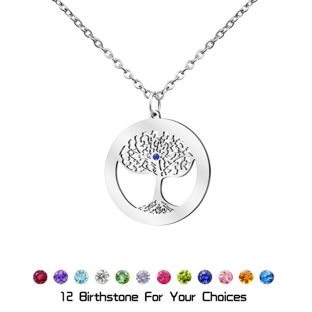 PolishedPlus Customized Family Birthstone Life Tree Round Necklace Women Collarbone Chain Necklace Personalized Pendant