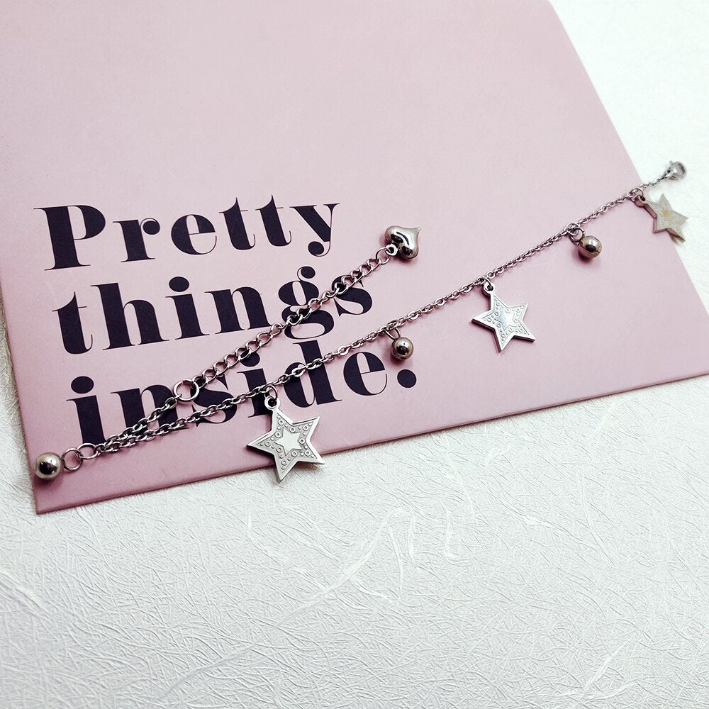 PolishedPlus Customized  Lucky Star Bracelet Pentagram Beads Bracelet Handmade Bangle With 3D Heart Charm Beads