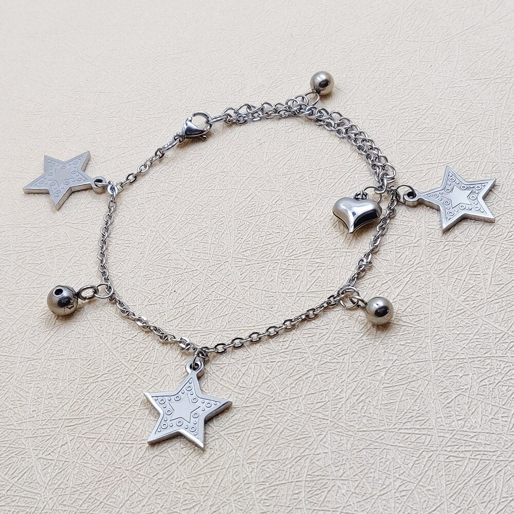 PolishedPlus Customized  Lucky Star Bracelet Pentagram Beads Bracelet Handmade Bangle With 3D Heart Charm Beads