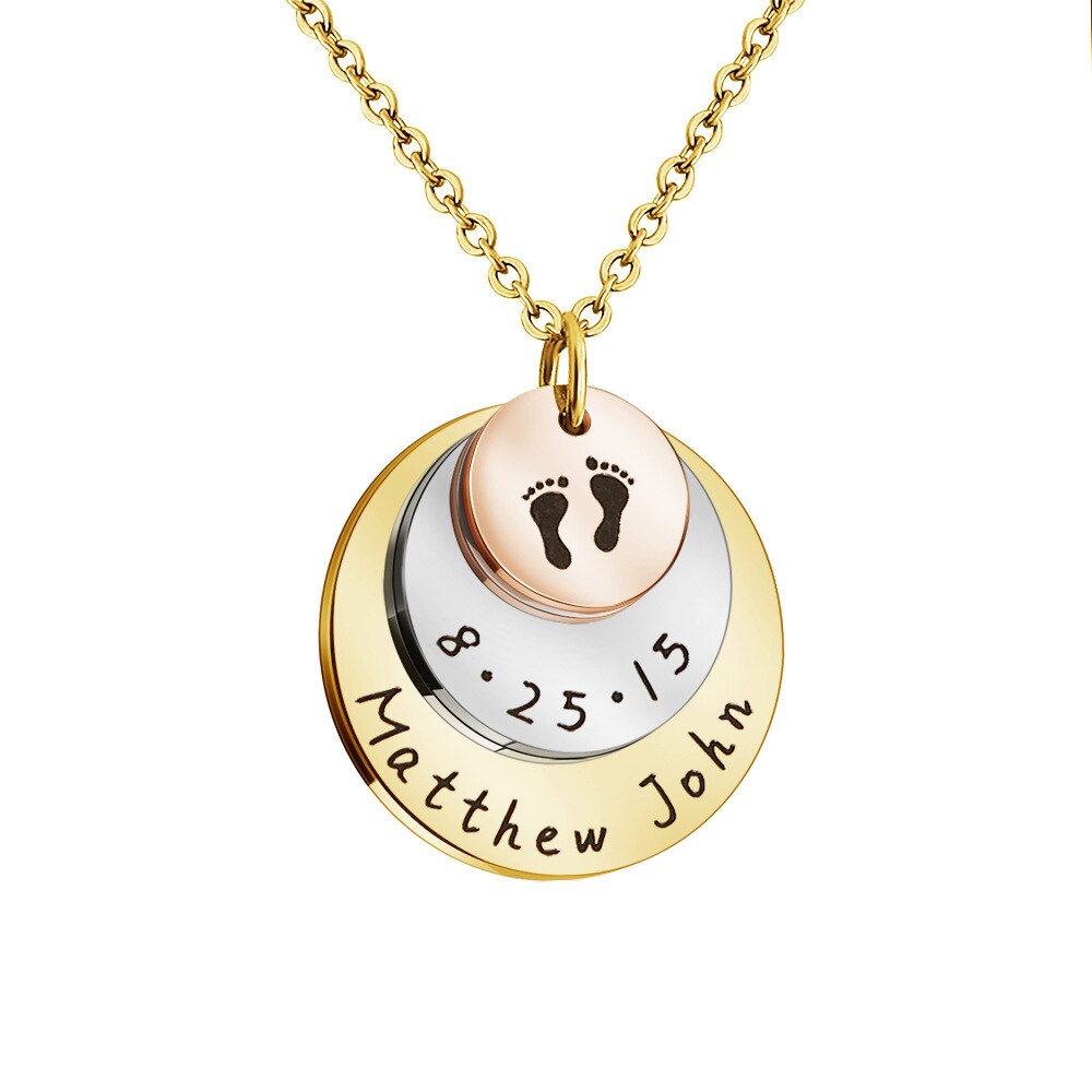 PolishedPlus Customized Name Necklace Personalized Multilayer Date of Birth Pendant Handprint Footprint Jewelry Memorial Gifts